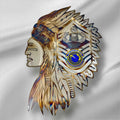 Decorative headpiece with feathers on a white fabric background